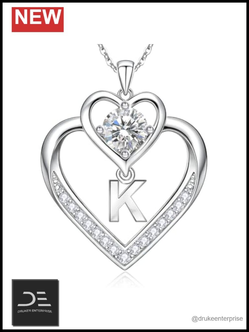 1 Carat Moissanite Initial Heart Pendant Necklace, 925 Sterling Silver